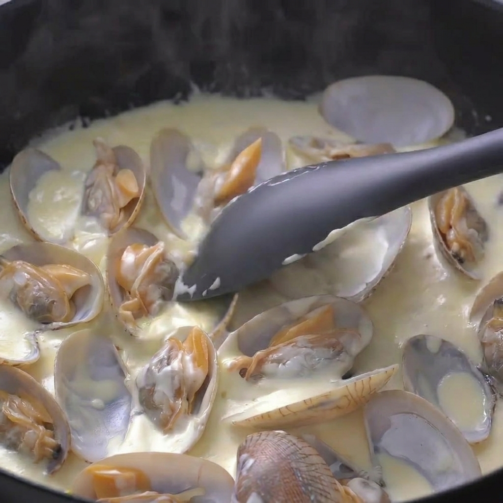 Una espátula mezclando la crema en la sartén para crear una salsa suave y espesa.