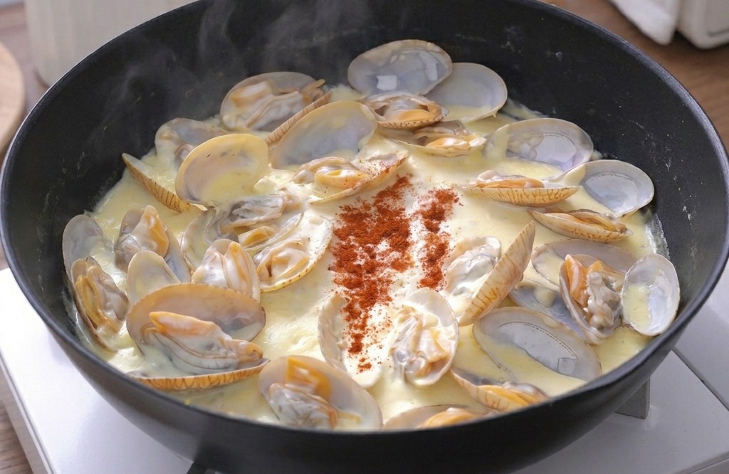 Sartén con almejas cremosas burbujeando suavemente en una estufa portátil.