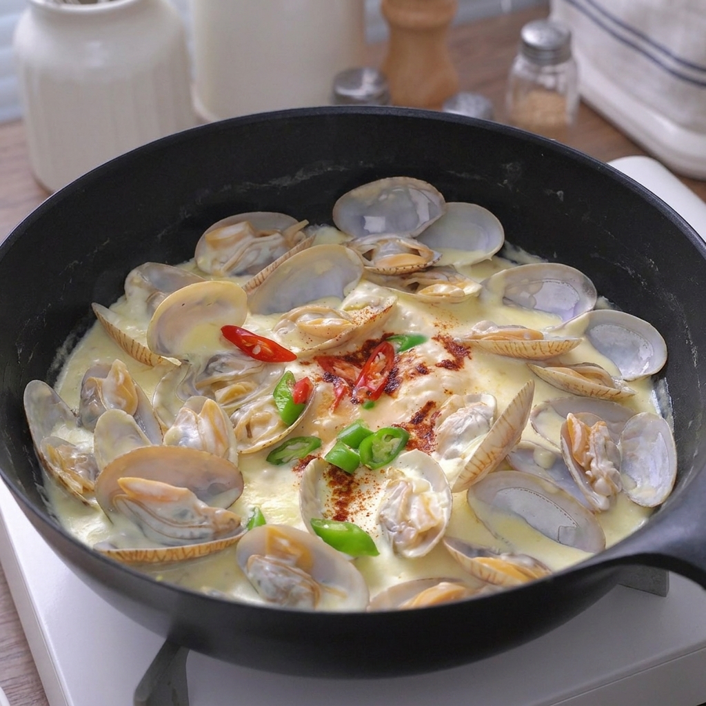 Una mano sazonando las almejas en salsa blanca con una pizca de sal y azúcar.