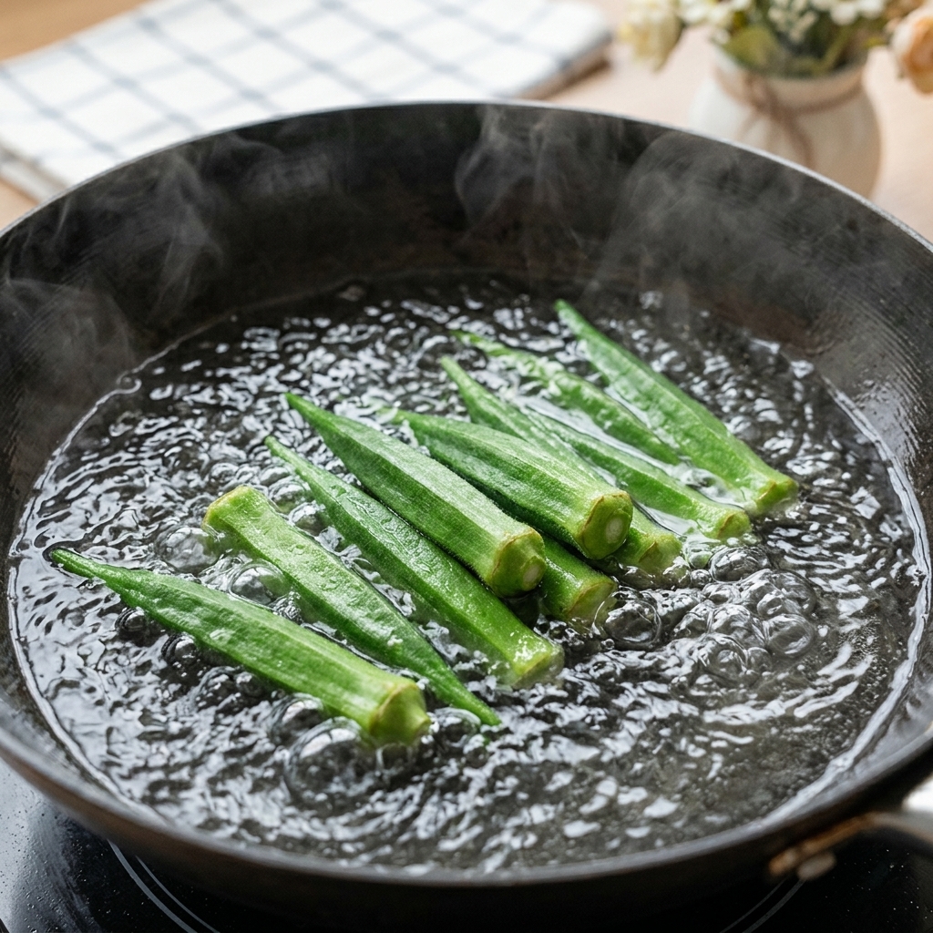 Okras verdes blanqueándose en una sartén con agua hirviendo.