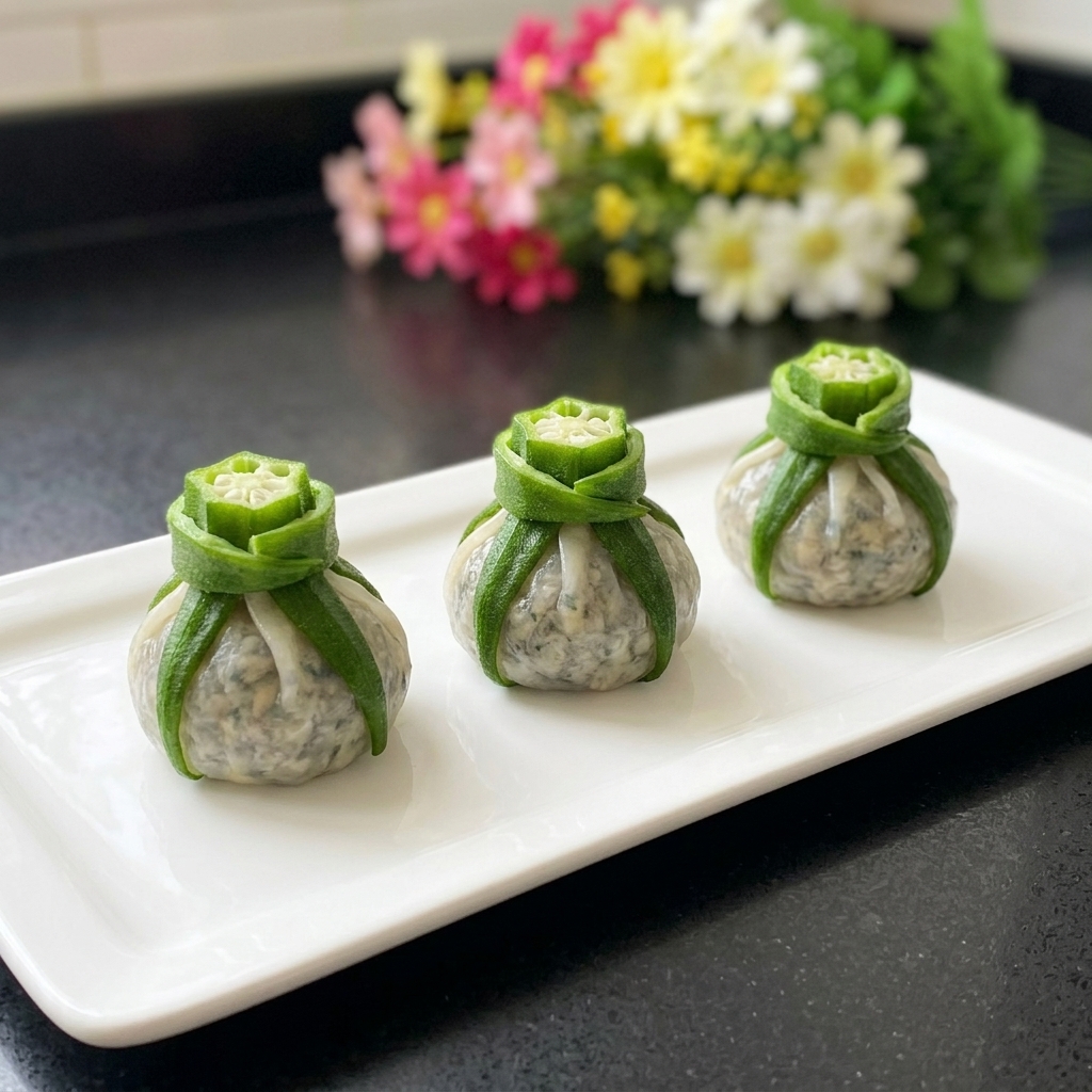 Tres okras rellenas dispuestas artísticamente en un plato blanco antes de cocinarlas.