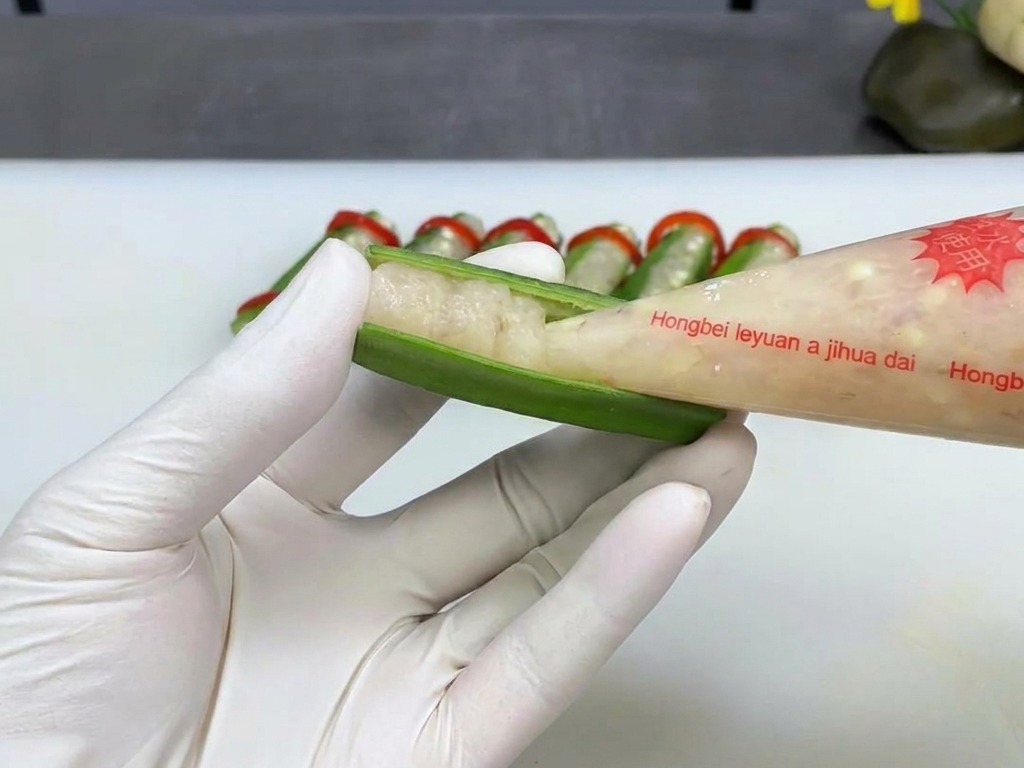Mano con guante sosteniendo una vaina de okra abierta mientras una manga pastelera llena el centro con pasta de camarón.