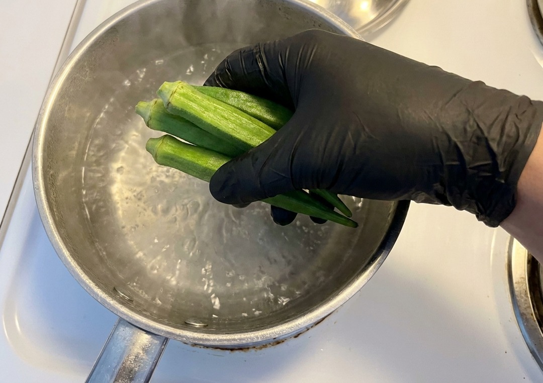 Una mano con guante colocando vainas de quingombó verdes frescas y enteras en una olla de acero inoxidable con agua hirviendo sobre una estufa blanca.