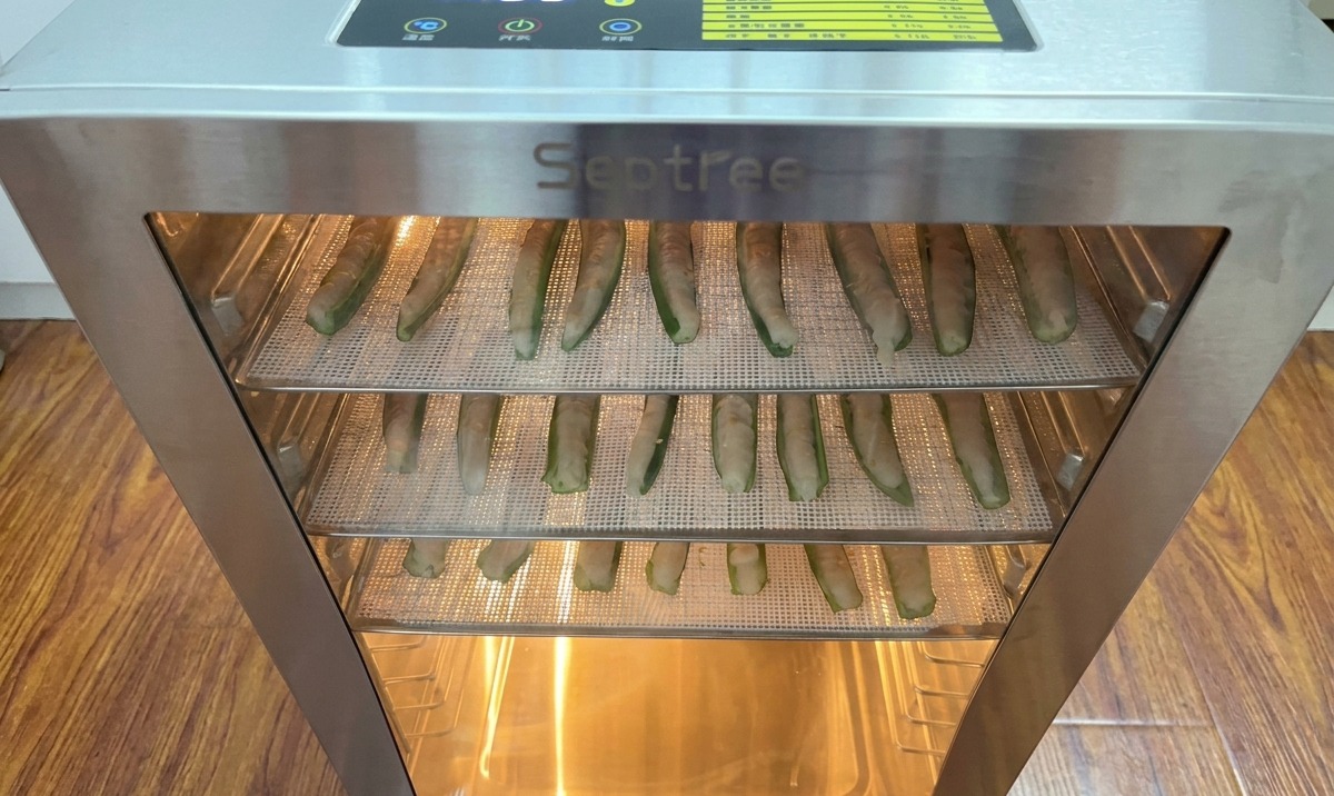 Bandejas de mitades de okra rellenas de pollo picado siendo colocadas dentro de un deshidratador de acero inoxidable con temporizador digital.