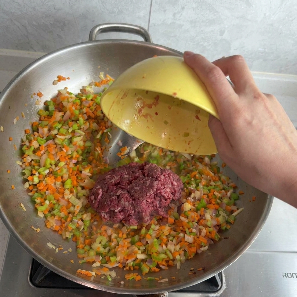 Carne picada cruda cayendo desde un bol amarillo a una sartén grande llena de verduras salteadas.