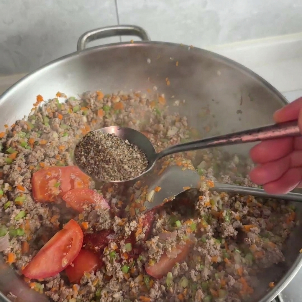 Cuchara de metal llena de pimienta negra molida sobre una sartén con salsa de carne y verduras hirviendo.