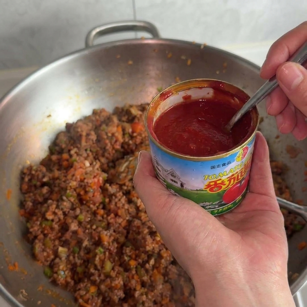 Mano sosteniendo una lata abierta de pasta de tomate y usando una cuchara para añadirla a la carne cocinada.