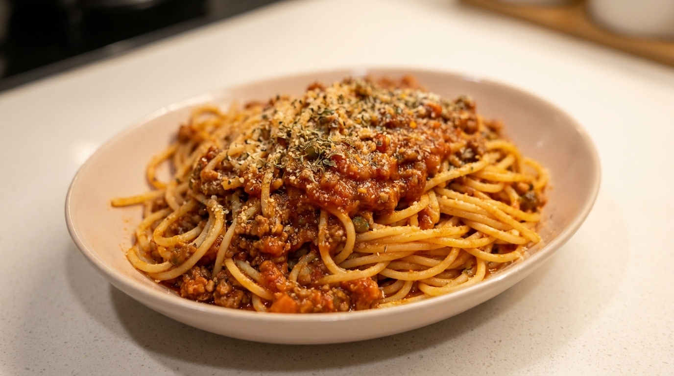 Espaguetis a la boloñesa clásicos con salsa de carne casera