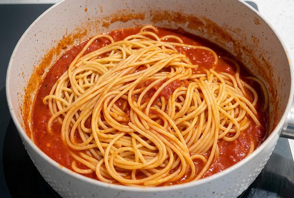 Fideos de espagueti cocidos colocados sobre una salsa roja burbujeante en una sartén de color claro.