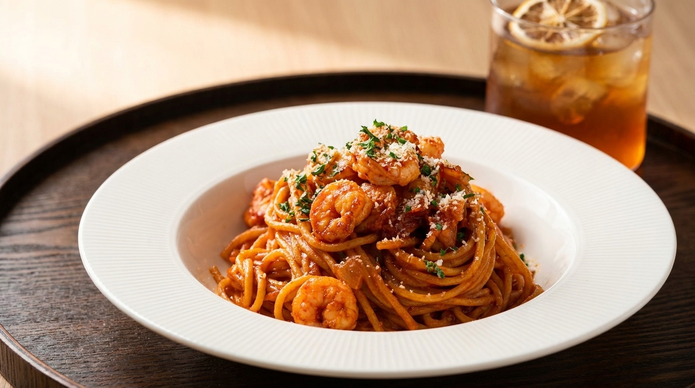 Pasta picante con camarones al ajo y gochujang