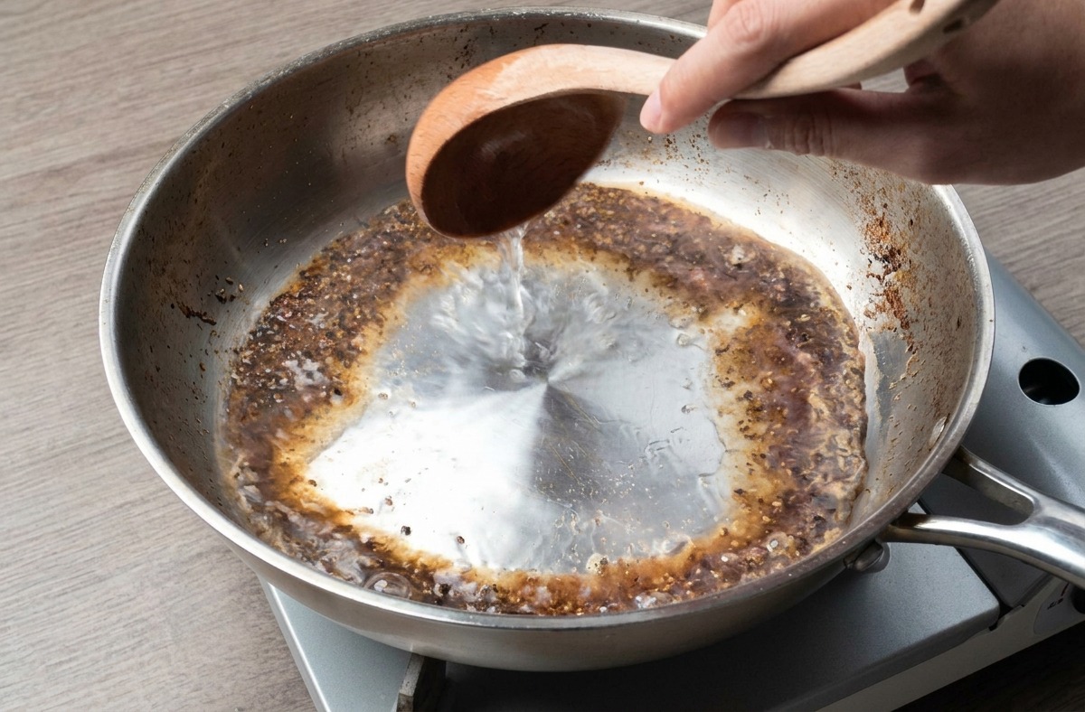 Agua de pasta almidonada vertiéndose con un cucharón en una sartén con pimienta tostada, creando una base burbujeante.