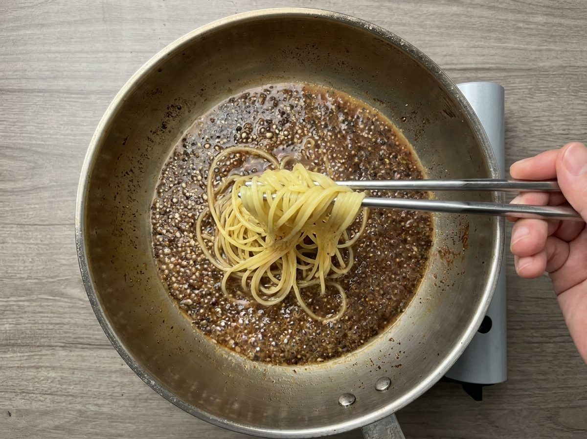 Un manojo de espaguetis levantados con pinzas y pasados directamente a una sartén llena de agua de pasta con pimienta.