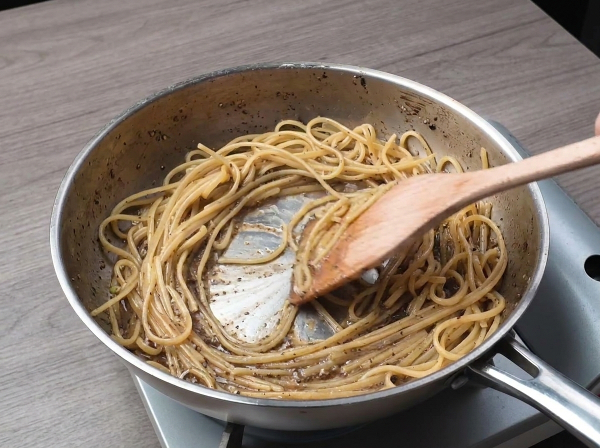 Espaguetis removidos con una cuchara de madera en una sartén de acero inoxidable para crear la emulsión de la salsa de pimienta.