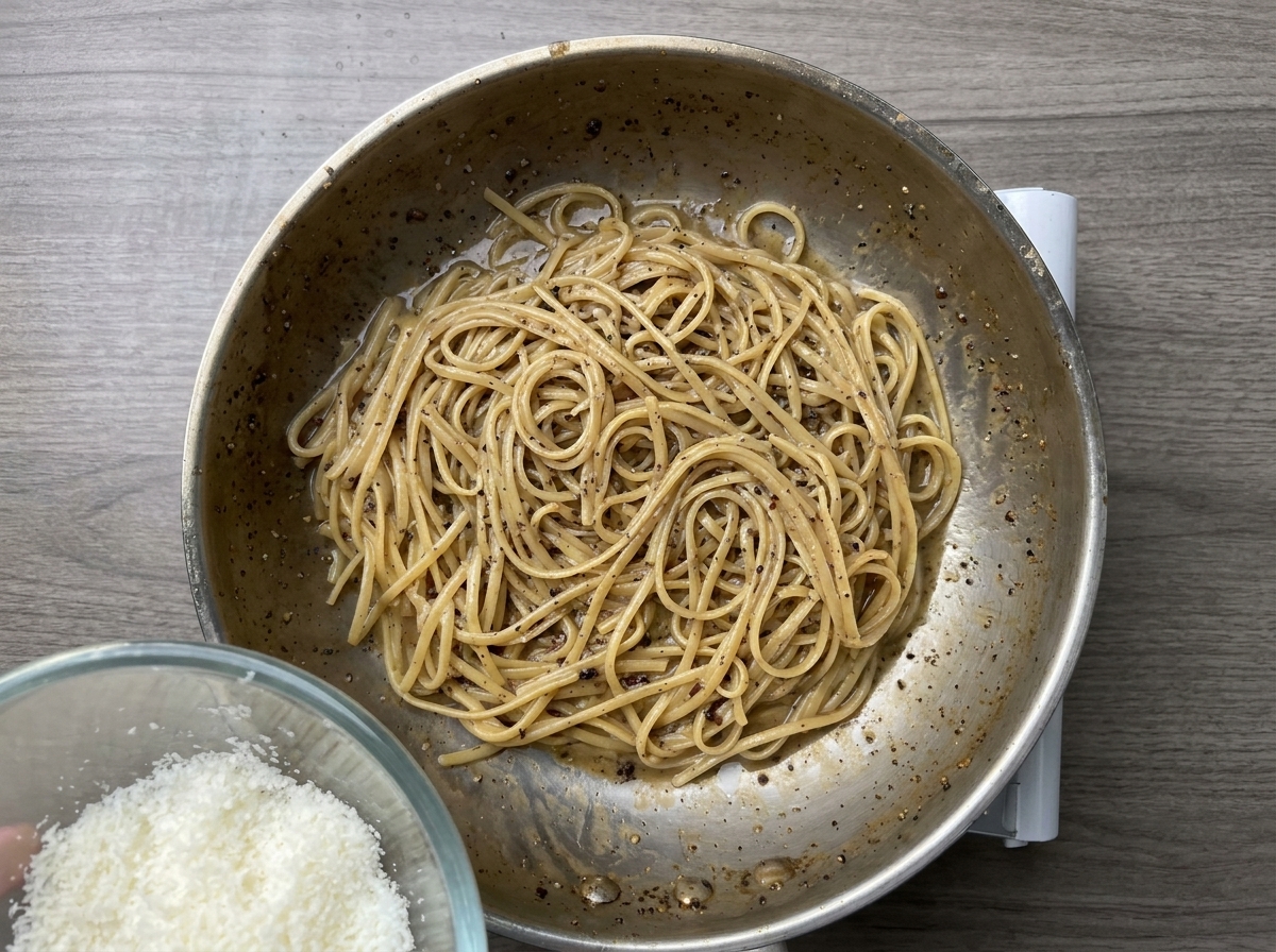 Un bol de queso blanco finamente rallado añadiéndose a una sartén de pasta con pimienta después de apagar el fuego.