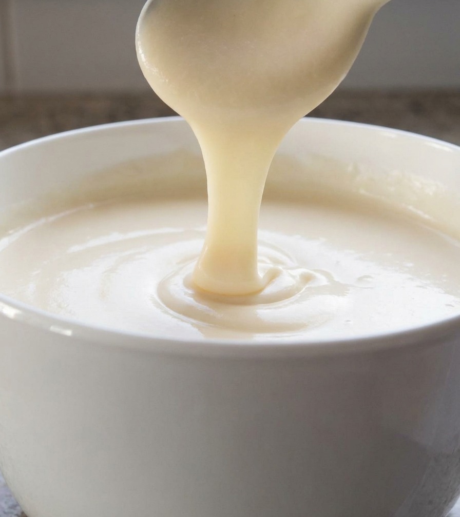 Salsa de queso espesa, suave y cremosa goteando lentamente de una cuchara blanca hacia el bol