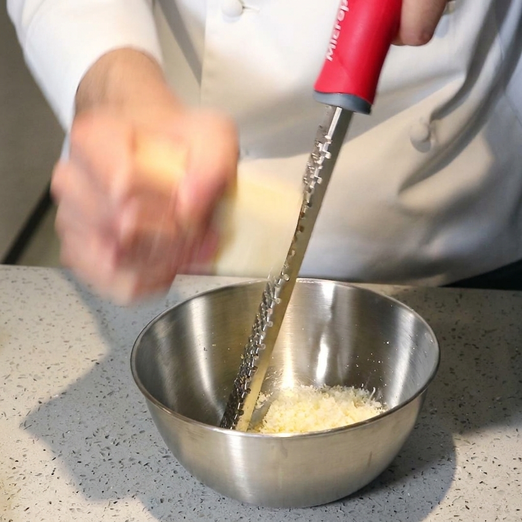 Manos rallando un trozo de queso curado sobre un bol de acero inoxidable usando un rallador de mano.