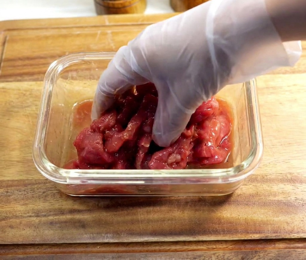 Una persona con un guante de plástico transparente mezclando rodajas de carne cruda marinada en un bol de cristal.
