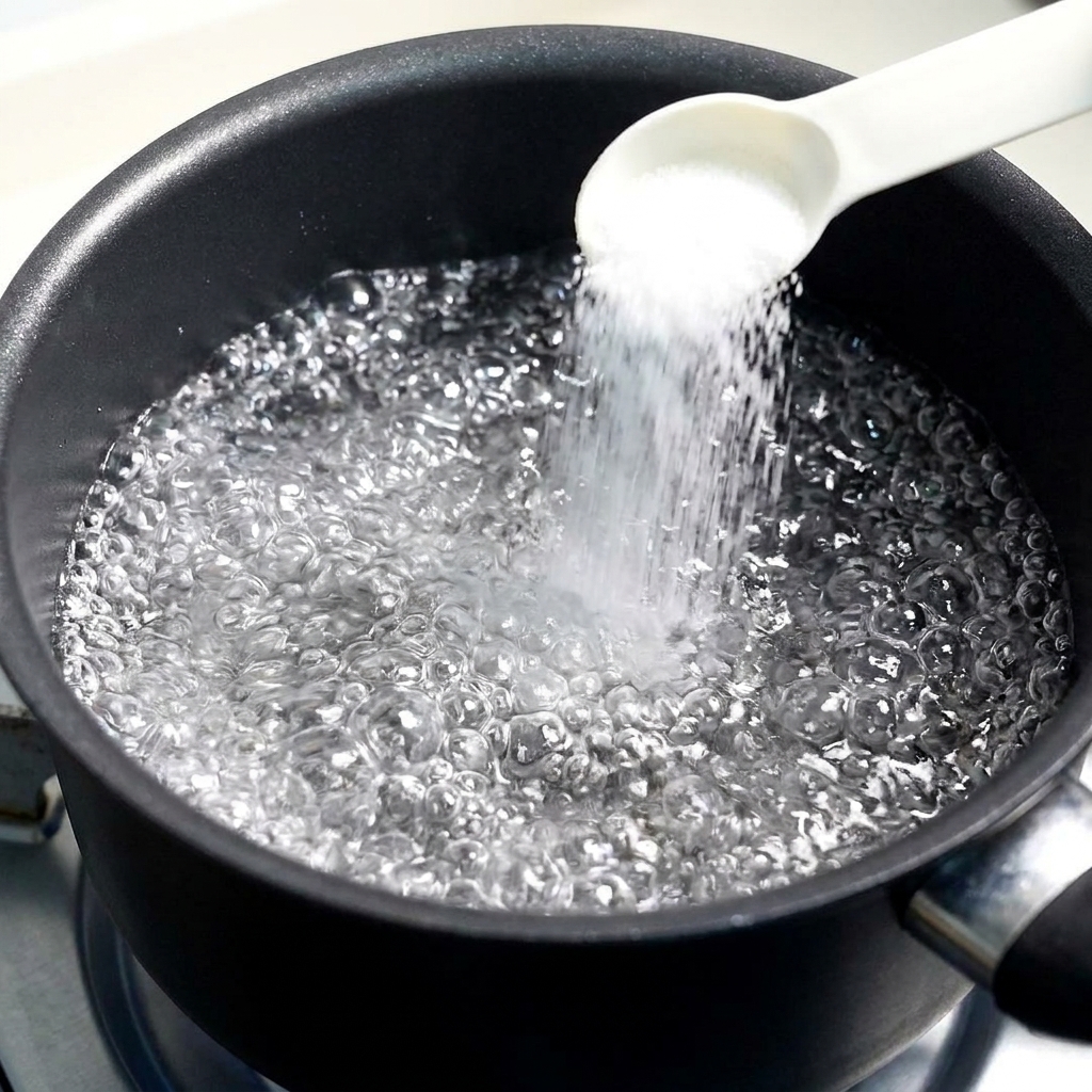 Sal vertiéndose desde una cuchara medidora blanca en una olla de agua hirviendo a borbotones.