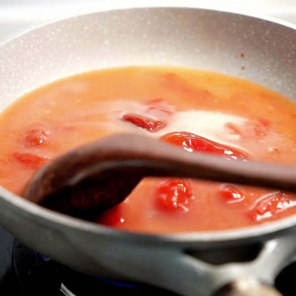 Una espátula de madera triturando trozos de tomate en una salsa roja y espesa que hierve a fuego lento en una sartén.