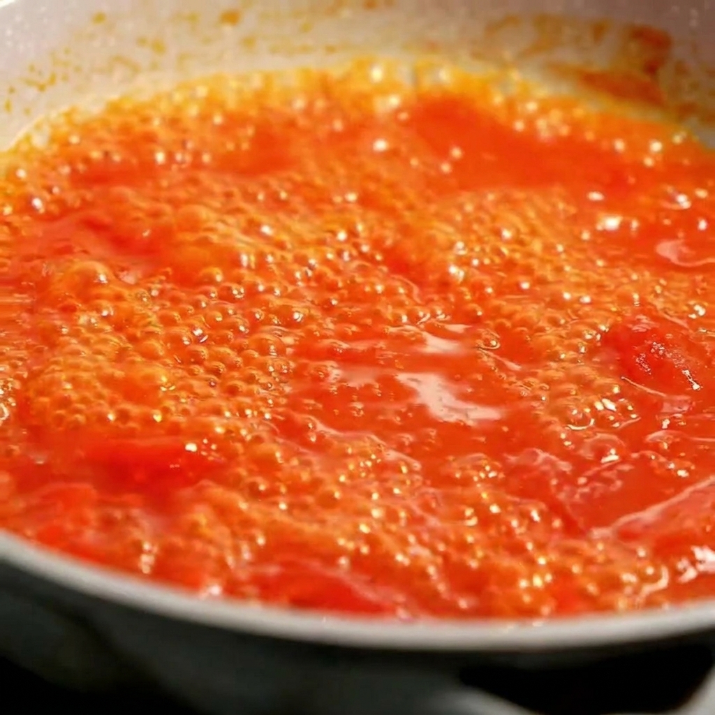 Una vista en primer plano de una vibrante salsa de tomate roja burbujeando y cocinándose a fuego lento en una sartén ancha.