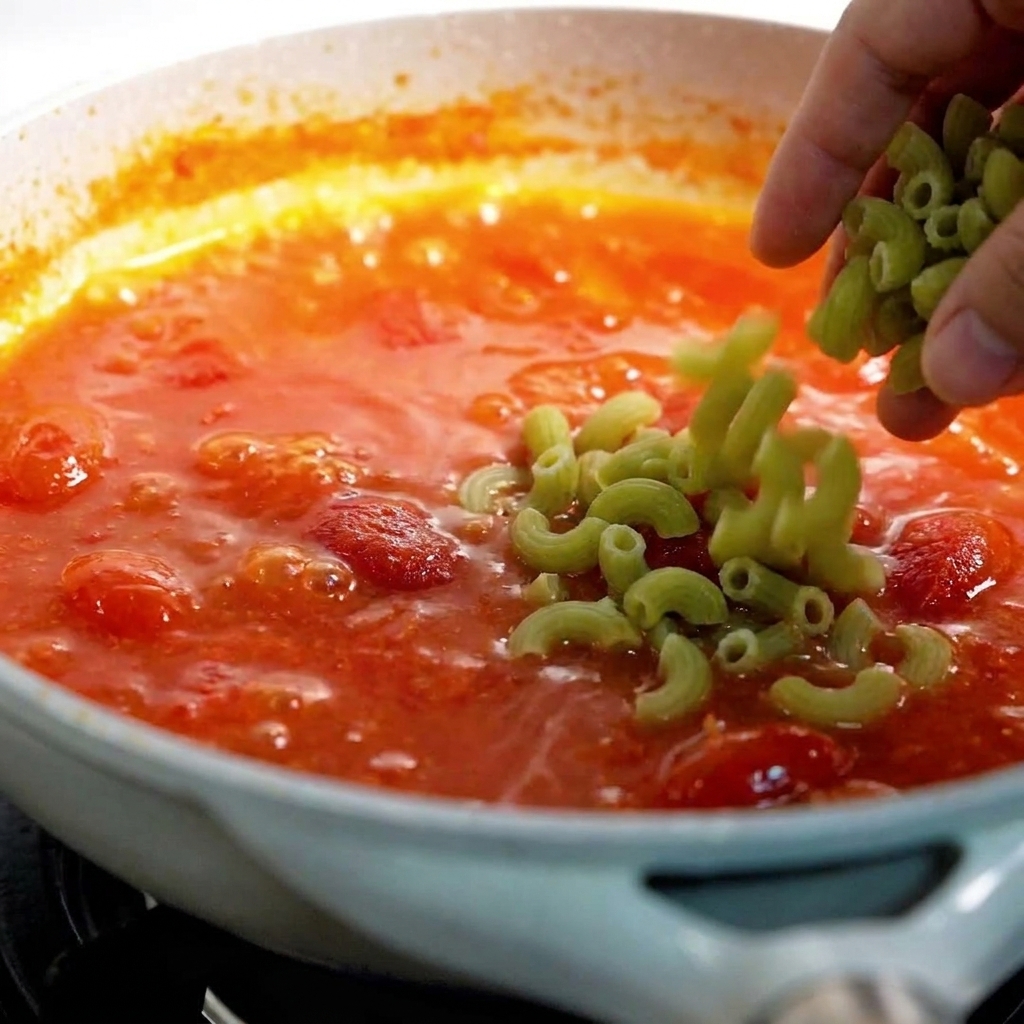 Una mano añadiendo macarrones a una sartén con salsa de tomate roja, espesa y burbujeante, con trozos de tomate visibles.