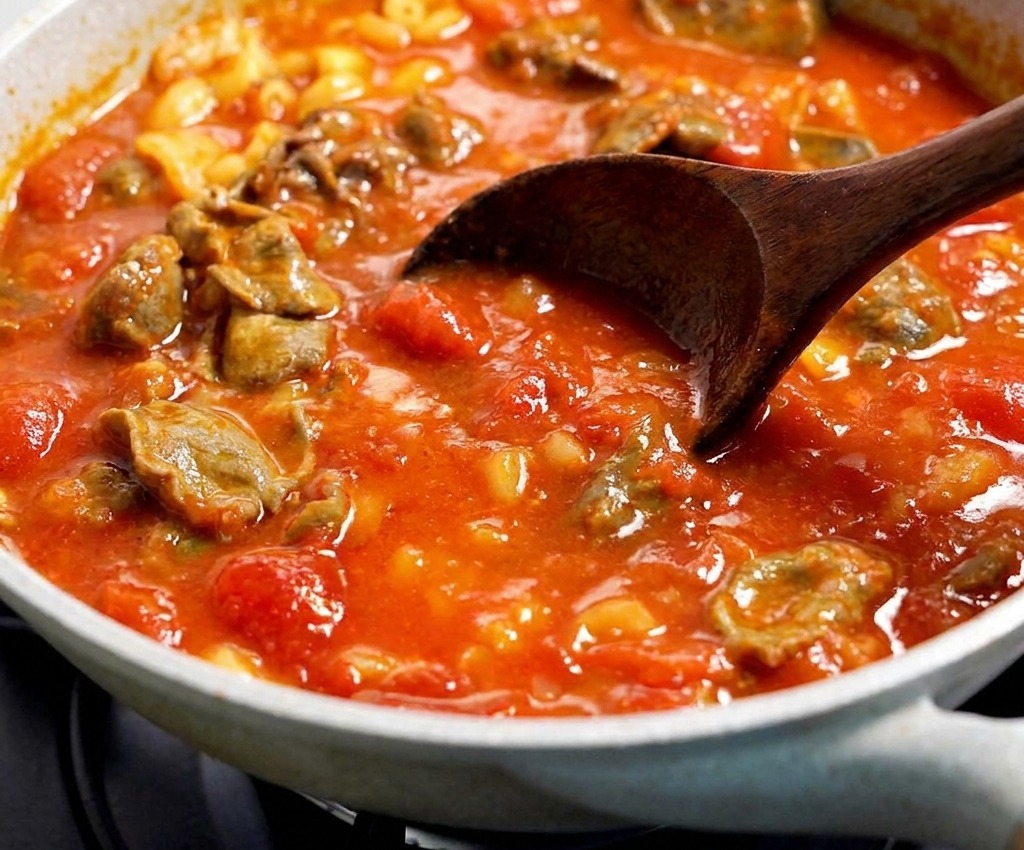 Macarrones y tiras finas de ternera siendo mezclados y removidos en una espesa salsa de tomate roja en una sartén.