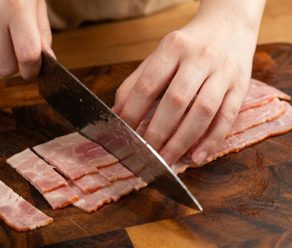 Manos cortando tiras de tocino y picando una cebolla amarilla sobre una tabla de madera.