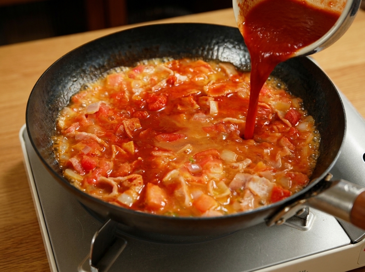 Una salsa roja espesa vertiéndose desde un bol a una sartén con tomates, cebollas y tocino.
