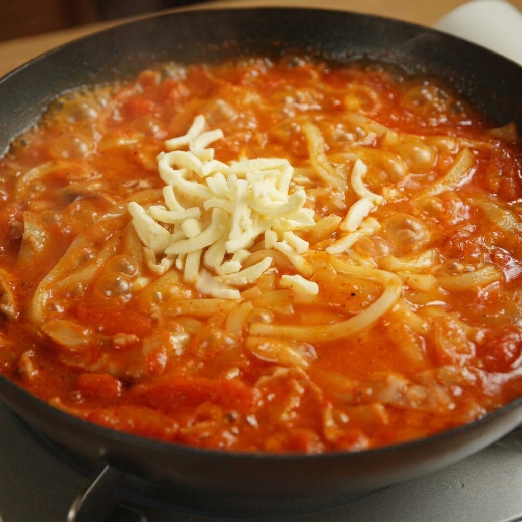 Queso mozzarella rallado amontonado sobre fideos udon en una salsa roja picante.