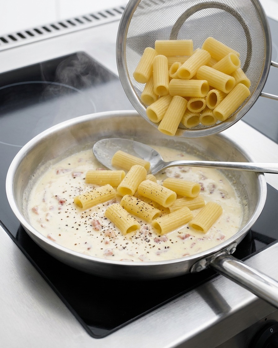 Colador volcando la pasta rigatoni cocida en la sartén con la salsa de beicon.