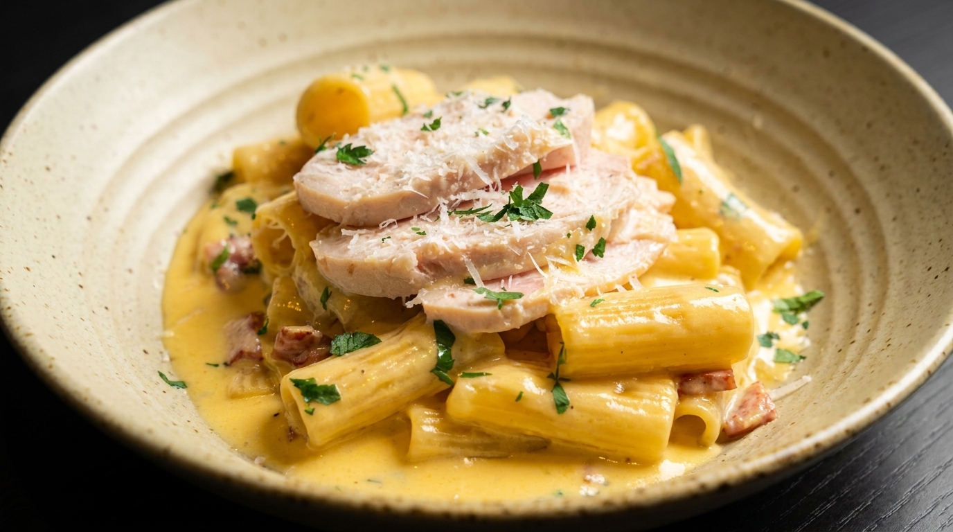 Rigatoni Carbonara Cremosos con Bacon y Pollo