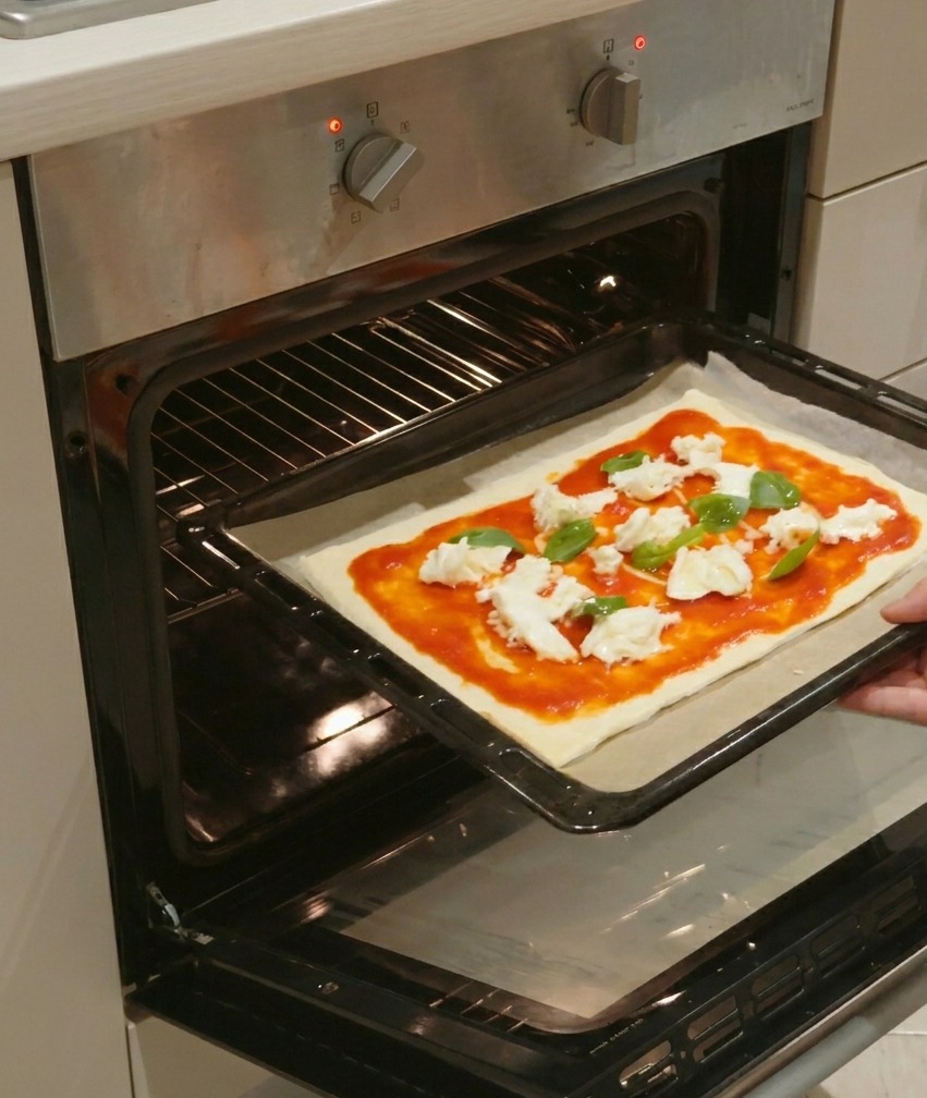 La mano de una persona deslizando una bandeja con una pizza Margarita cruda dentro de un horno precalentado.