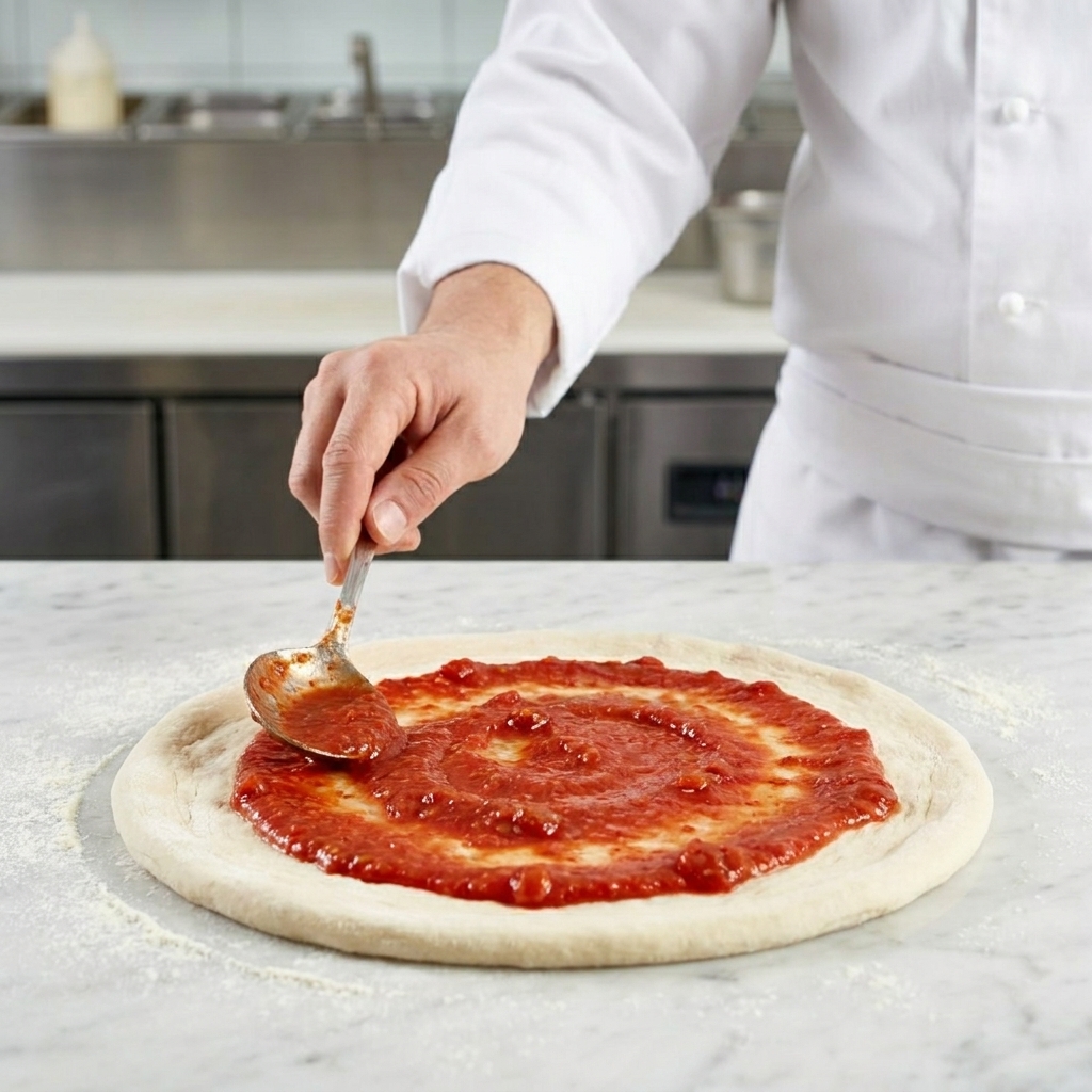 Un cucharón distribuyendo salsa de tomate de color rojo intenso en forma de espiral sobre la base de la pizza.
