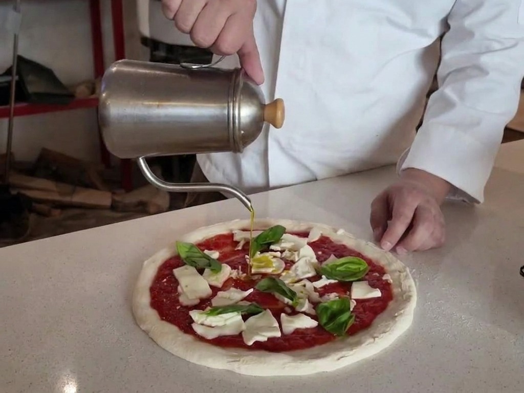 Una aceitera tradicional vertiendo aceite de oliva sobre una pizza con tomate, mozzarella y hojas de albahaca.