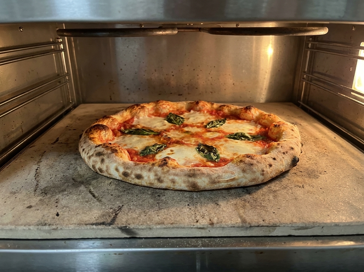 Una pizza Margherita horneándose sobre la piedra, mostrando una corteza dorada y queso burbujeante.