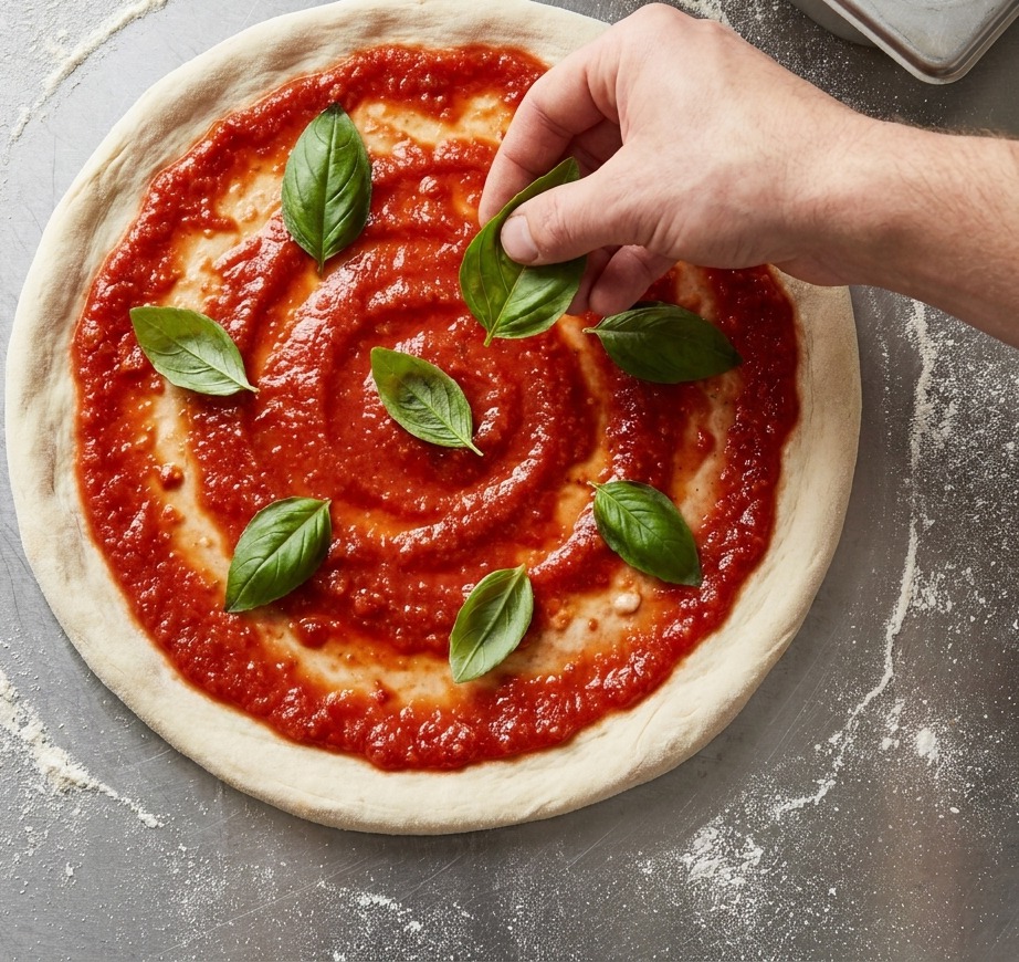 Manos extendiendo salsa roja en la base de una pizza y añadiendo hojas verdes de albahaca fresca.