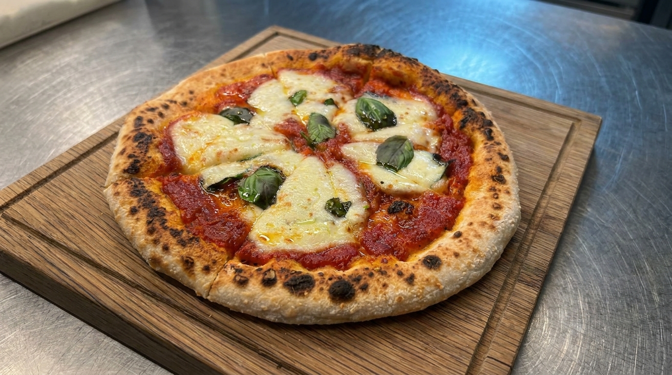Pizza Margarita casera con borde moteado