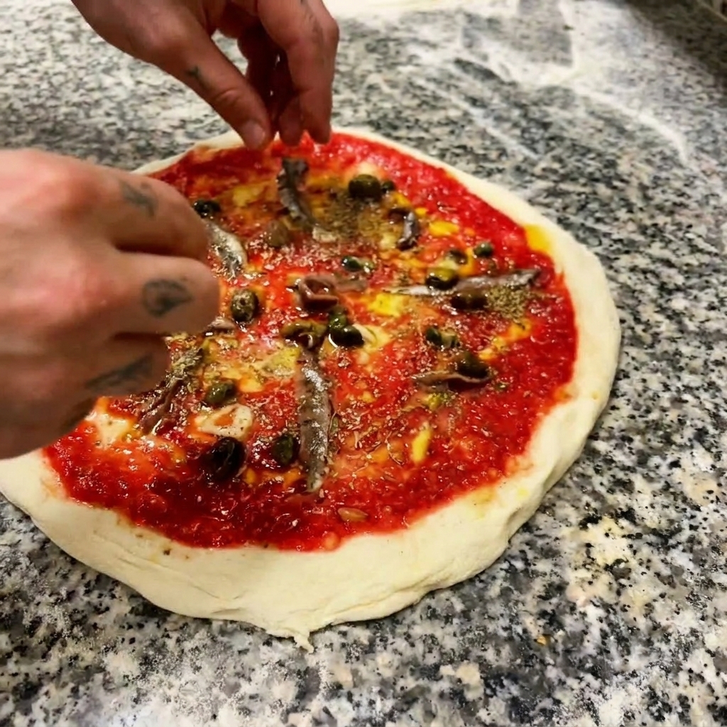 Manos colocando aceitunas negras enteras con cuidado sobre una pizza con tomate y anchoas.