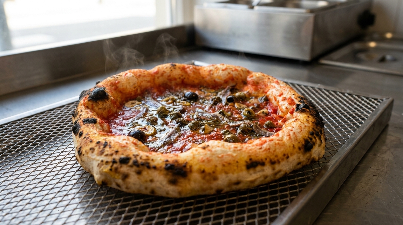 Auténtica Pizza Napolitana de Mariscos (Marinara con Anchoas y Aceitunas)