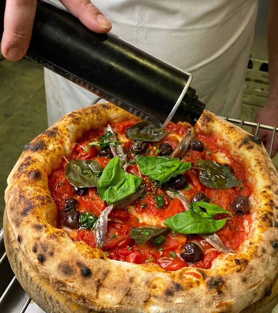 Un hilo fino de aceite de oliva cayendo desde una aceitera de metal negra sobre una pizza napolitana recién decorada.