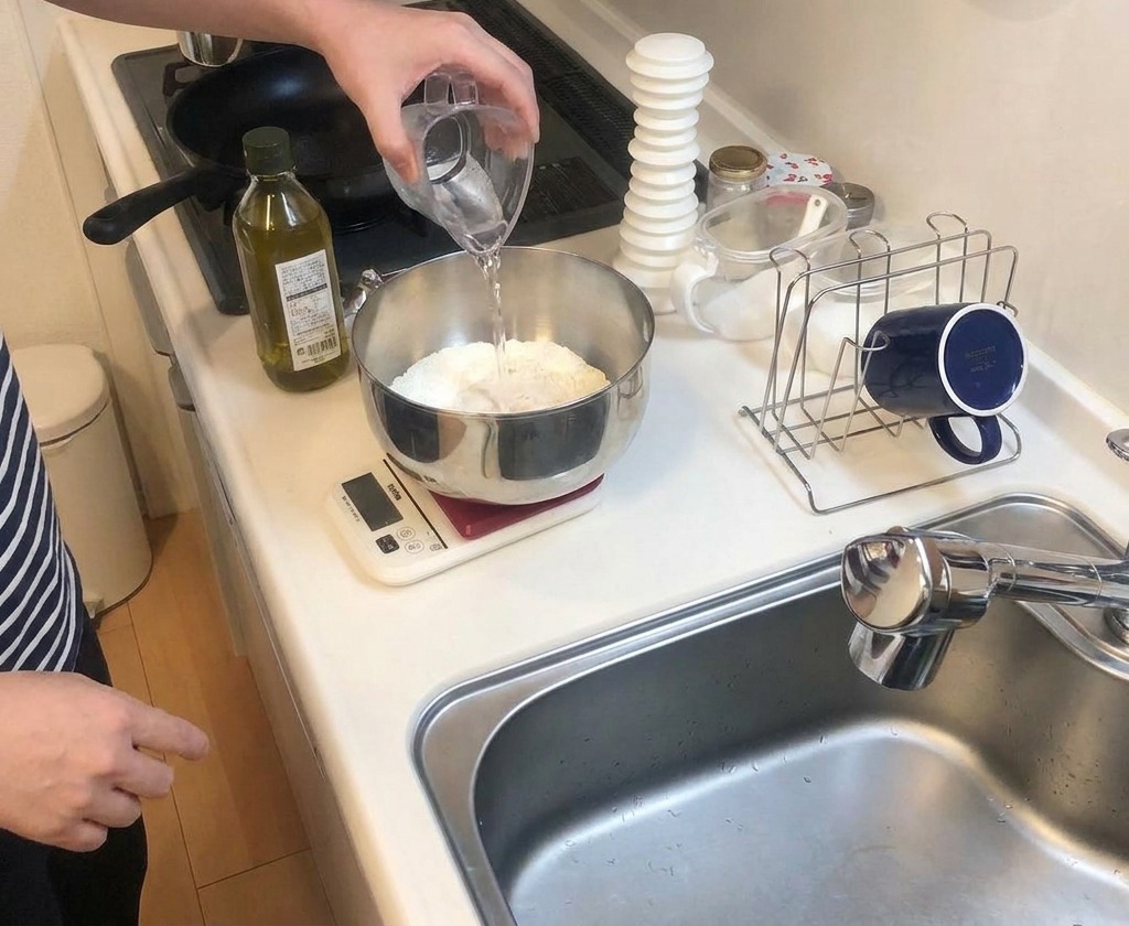 Agua tibia vertiéndose desde una jarra medidora de plástico en un bol con harina e ingredientes secos.