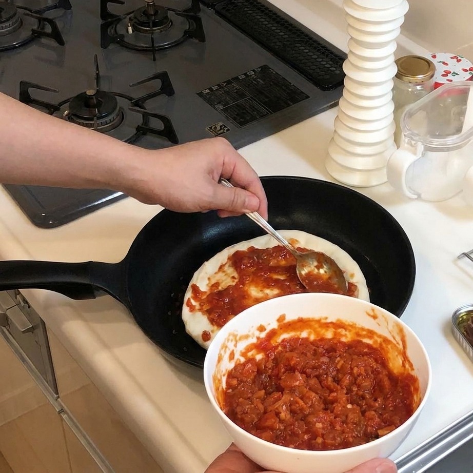 Extendiendo salsa de tomate roja brillante sobre la masa cruda en una sartén con una cuchara de metal.