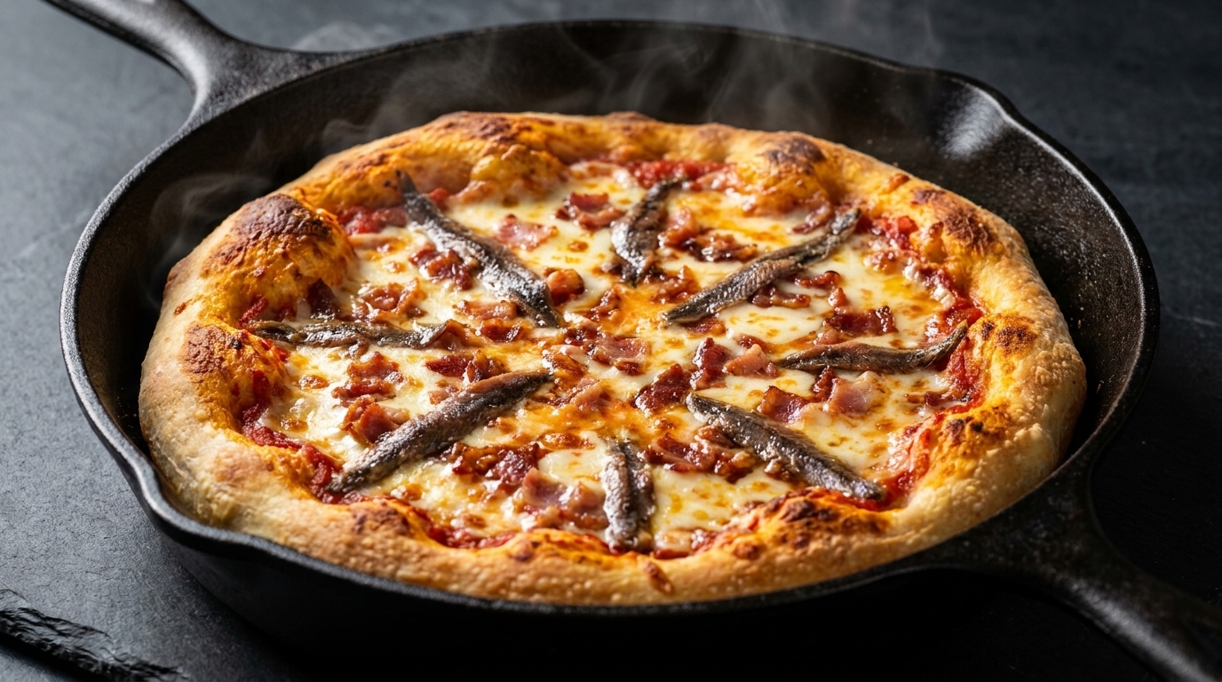 Pizza Crujiente a la Sartén con Anchoas y Bacón