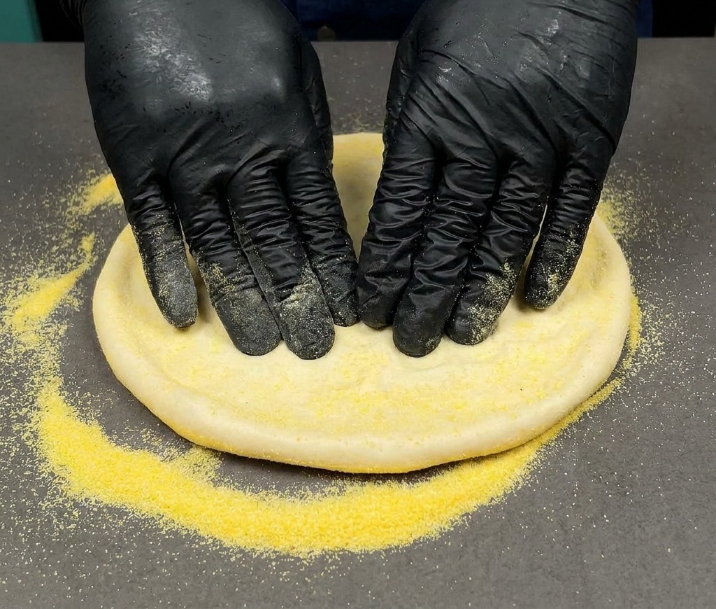 Manos presionando una bola de masa de pizza sobre una superficie con harina de maíz amarilla.