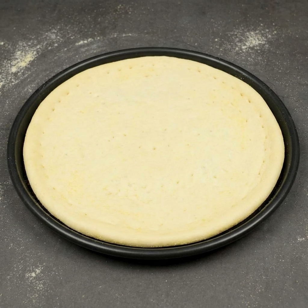 La base de masa cruda centrada en un molde metálico redondo para hornear.