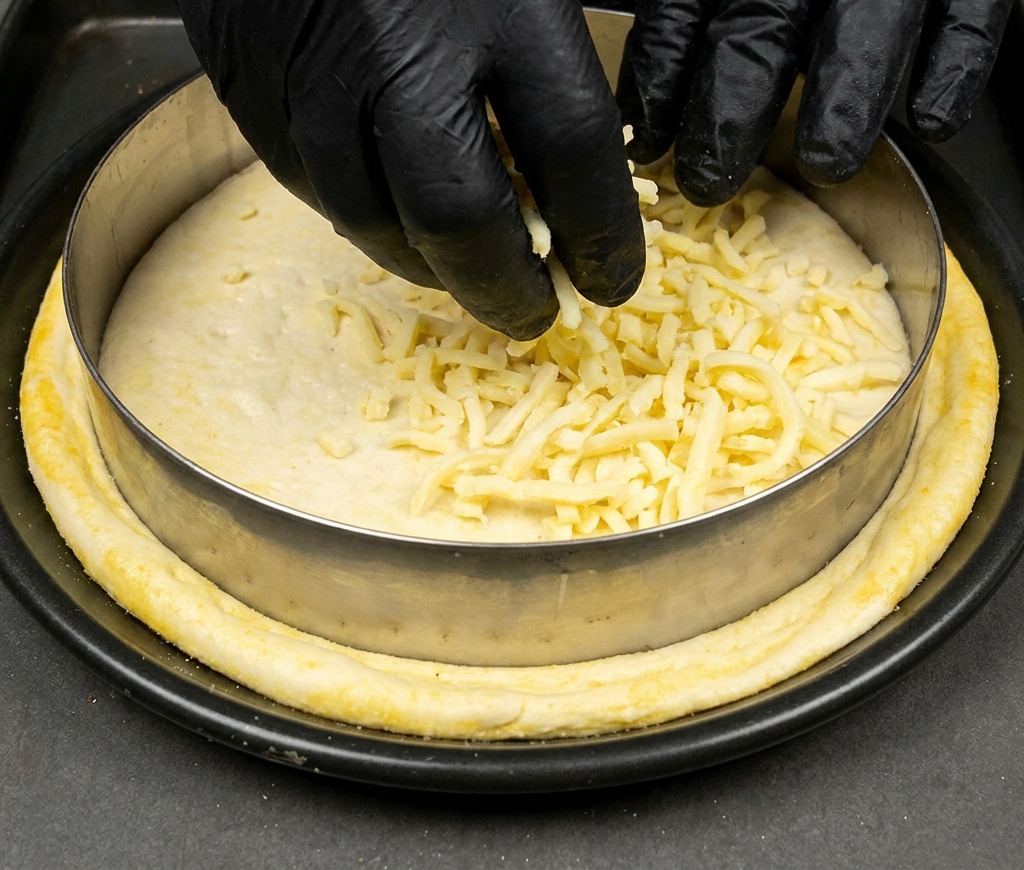 Queso mozzarella rallado siendo distribuido sobre la masa de pizza.