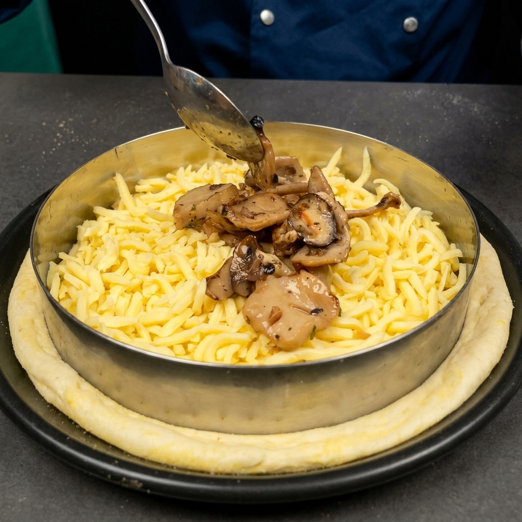 Una cuchara colocando el salteado de champiñones sobre el queso en la masa de pizza.
