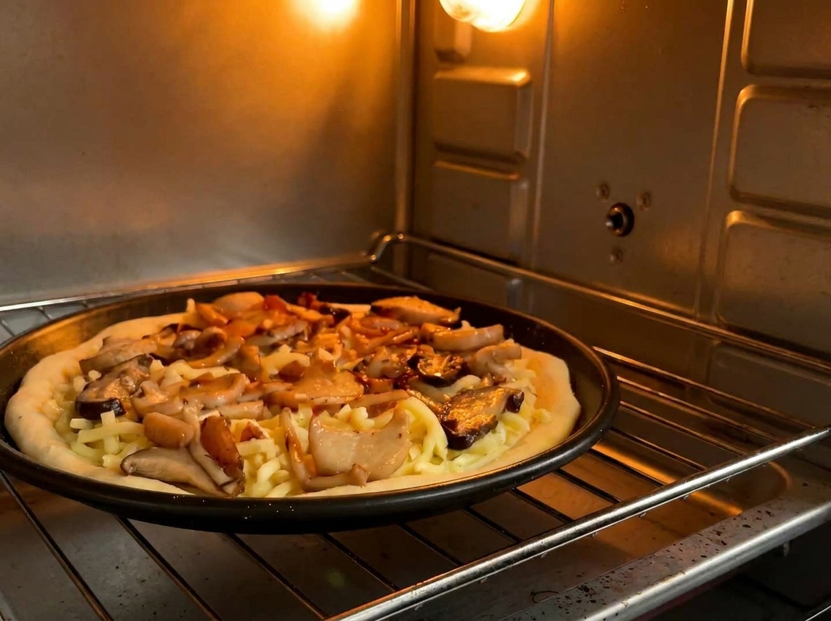 Pizza de champiñones horneándose en una rejilla dentro de un horno iluminado.
