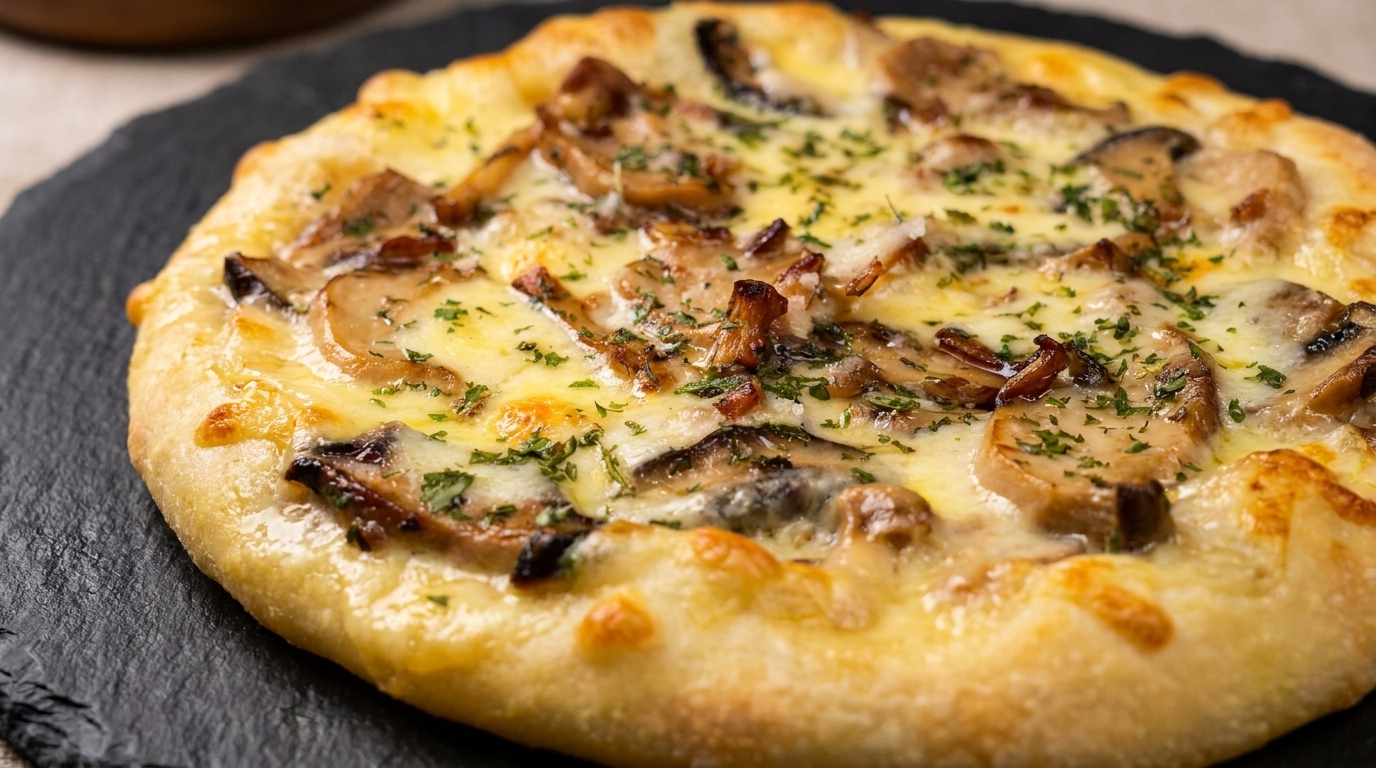 Pizza Blanca Gourmet de Champiñones con Ajo y Hierbas Frescas