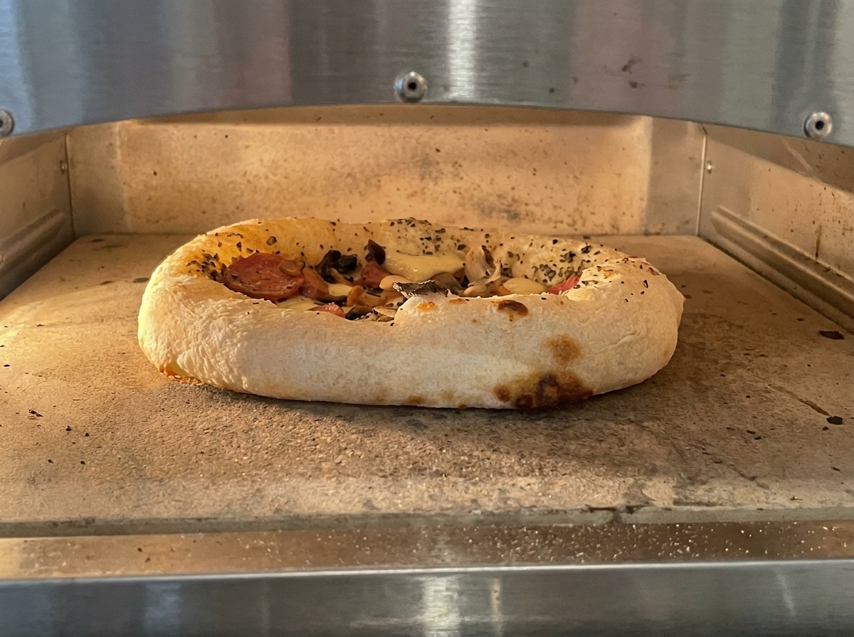 Pizza horneándose con el borde inflado y tostado, y el queso fundido burbujeando.